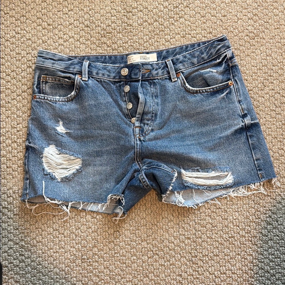 Topshop Moto Ashley Distressed Blue Denim Cutoff Shorts